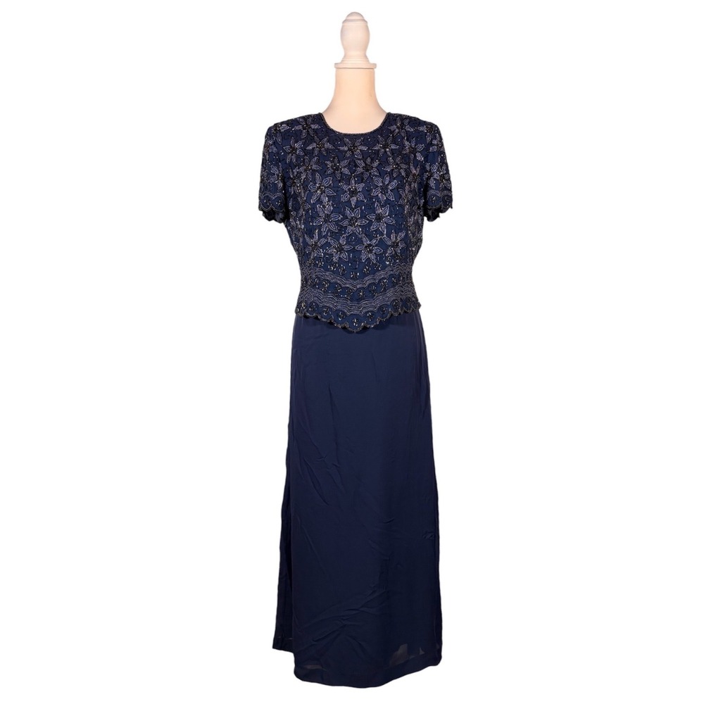 Adrianna Papell Blue 100% Silk‎ Beaded Skirt Set Women's 10P Dark Princess Glam